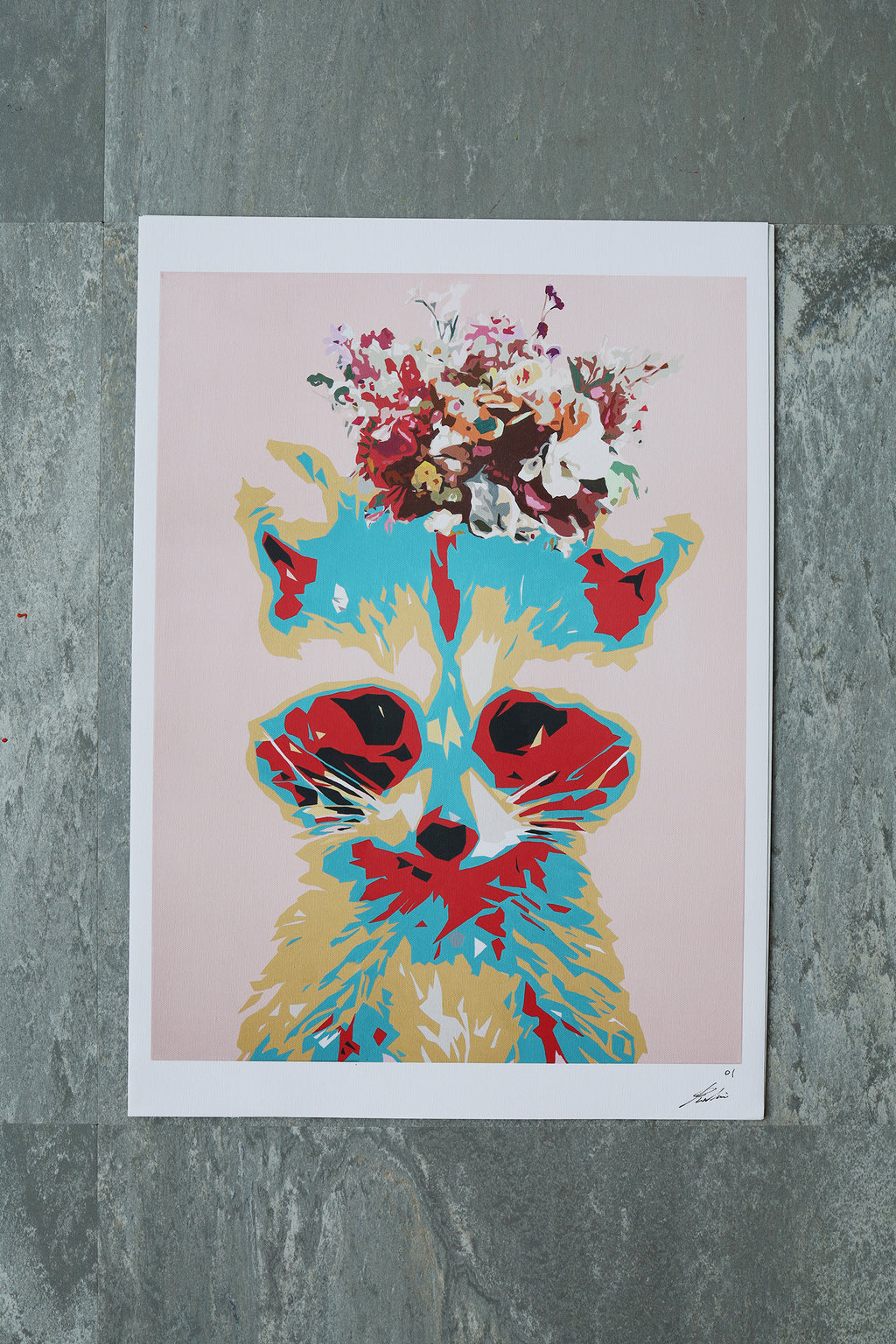 Waschbär-Blumenkranz | Limitierter Kunstdruck