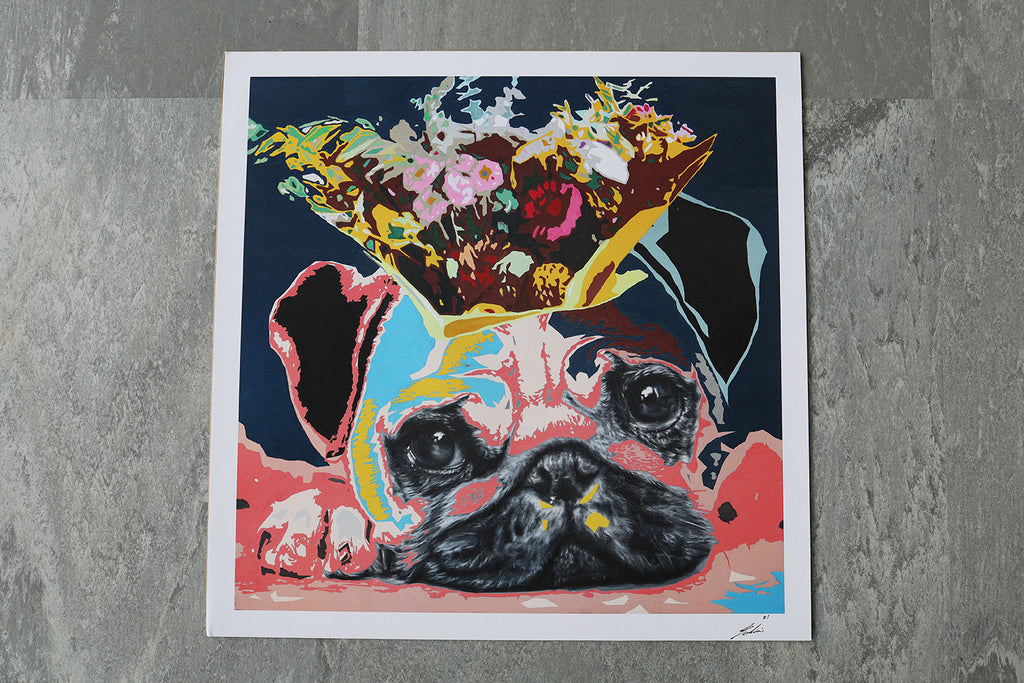 Mops - Blumenkranz - | Limitierter Kunstdruck