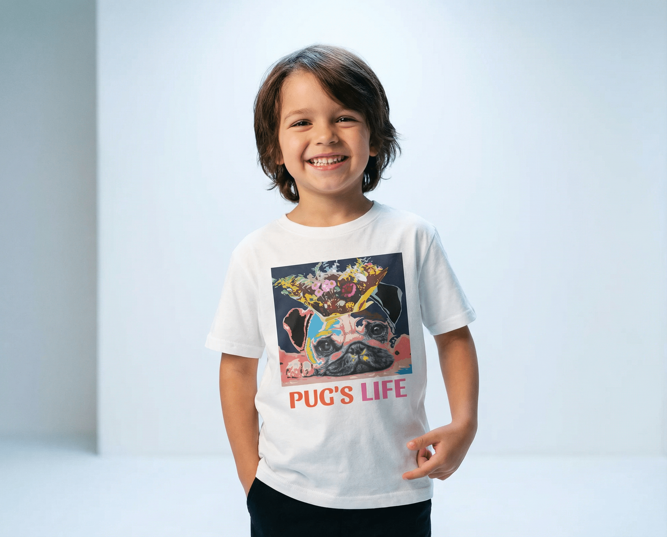 Klassisches Jugend-T-Shirt mit Mops-Blumenkranz