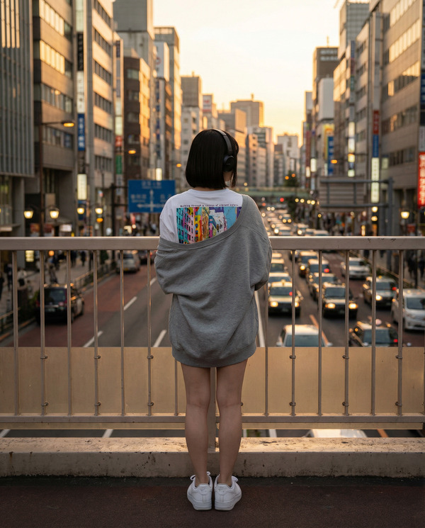 Style Sample01  Oversized T-shirt × Grey sweatshirt  オーバーサイズTシャツに ゆったりしたグレーのスウェットを羽織った ストリートカジュアルスタイル。  白のスニーカーを合わせて 都会の散歩や休日の外出にも合う リラックスコーデ。  街の中でも、 日常にアートを。　保存してコーデの参考に ↗