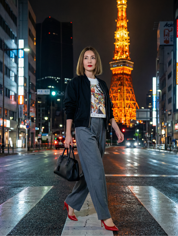 Style Sample01  Art T-shirt × Grey wide pants  アートTシャツに オーバーサイズのグレーパンツを合わせた 都会的なモードスタイル。  ブラックのブルゾンを羽織り、 赤いパンプスとレザーバッグで 洗練されたアクセントをプラス。  夜の街でも、 日常にアートを。   保存してコーデの参考に ↗