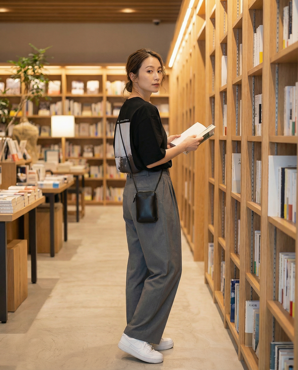 Style Sample01  Oversized T-shirt × Tuck wide pants  オーバーサイズTシャツを タックインして シルエットにメリハリを。  ミニマルで落ち着いた 大人のカジュアルスタイル。  保存してコーデの参考に ↗