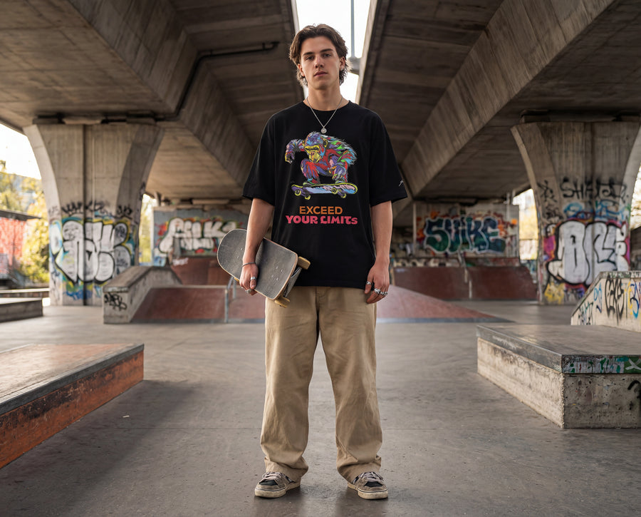 モデル身長：185cm 着用サイズ：L  ゆったりとした Oversize Fit。 肩が落ちるドロップショルダーで、 ストリート感のあるリラックスシルエットです。