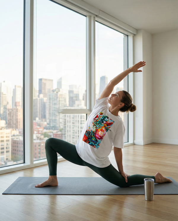 Style Sample01  Oversized T-shirt × Deep green leggings  ゆったりしたTシャツに 深緑色のレギンスを合わせた、 抜け感のあるアクティブスタイル。  おうち時間やヨガ、 近所へのお出かけにも合う リラックスコーデ。  動きやすく、心地よく。 日常にアートを。   保存してコーデの参考に ↗