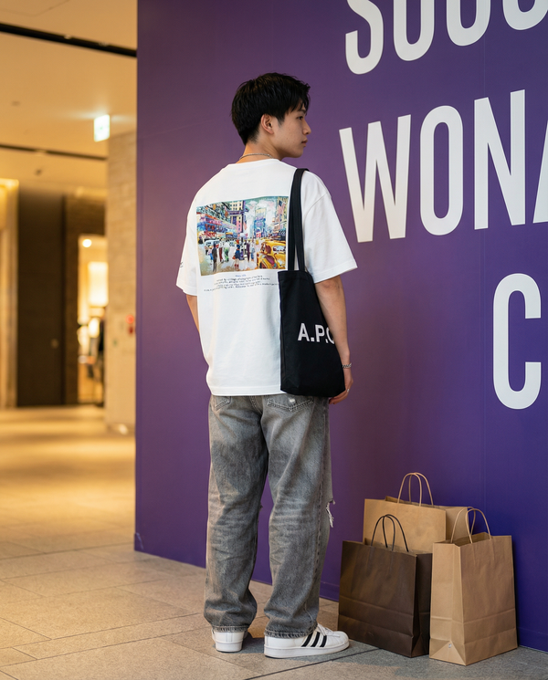 Style Sample01  Oversized T-shirt × Grey loose fit denim  大きめのアートTシャツに グレーのスーパールーズフィットデニムを合わせた リラックスストリートスタイル。  トートバッグと白スニーカーで ショッピングや街歩きにも似合う カジュアルなシティコーデ。  街の中でも、 日常にアートを。   保存してコーデの参考に ↗