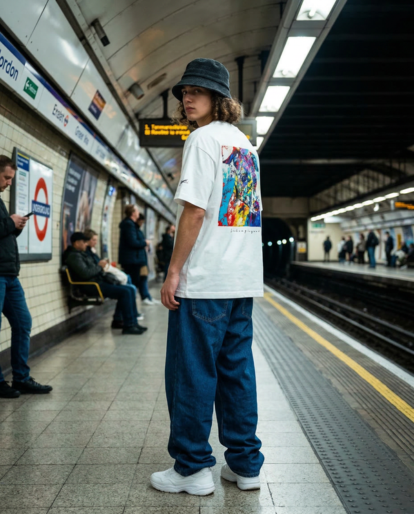 Style Sample01  Oversized T-shirt × Super loose fit denim  大きめのアートTシャツに スーパールーズフィットのデニムを合わせた ストリートシティスタイル。  チューリップハットと白スニーカーで ラフで今っぽいシルエットに。  地下鉄のホームや 都会の移動シーンにも似合う リラックスストリートコーデ。  日常にアートを。  保存してコーデの参考に ↗