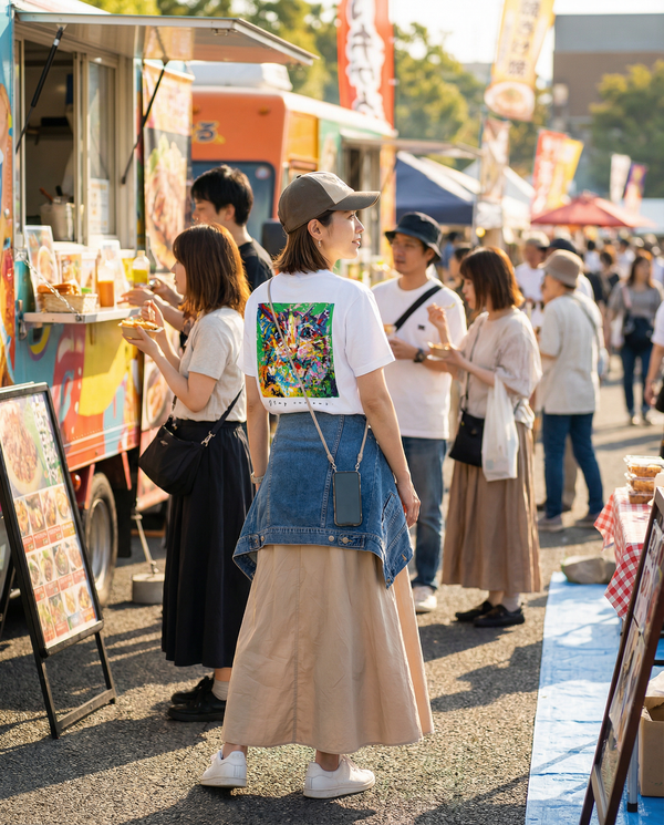 Style Sample01  Back-print T-shirt × Beige long skirt  バックプリントのアートTシャツに ベージュのロングスカートを合わせた リラックスフェススタイル。  キャップとスニーカー、 腰に巻いたデニムジャケットで カジュアルなアクセントをプラス。  フードイベントや休日のお出かけにも似合う 軽やかなコーデ。  日常にアートを。保存してコーデの参考に ↗