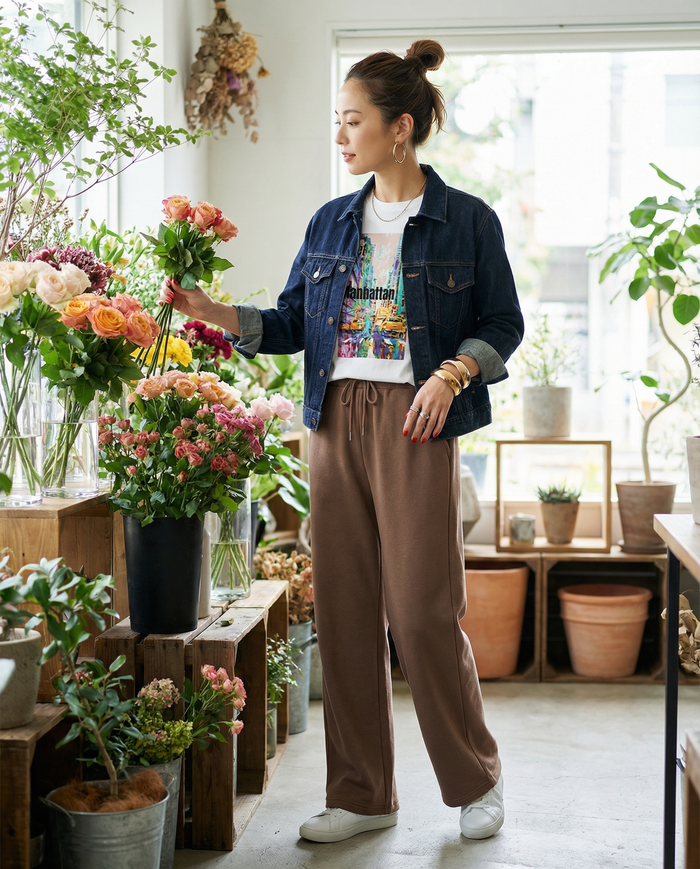 Style Sample01  Art T-shirt × Brown wide sweat pants  アートTシャツを ブラウンのスウェットワイドパンツに フロントだけタックインした ナチュラルカジュアルスタイル。  濃いデニムのGジャンを羽織り、 白スニーカーとアクセサリーで ラフで洗練されたバランスに。  花屋や休日の街歩きにも似合う リラックスコーデ。  日常にアートを。  保存してコーデの参考に ↗