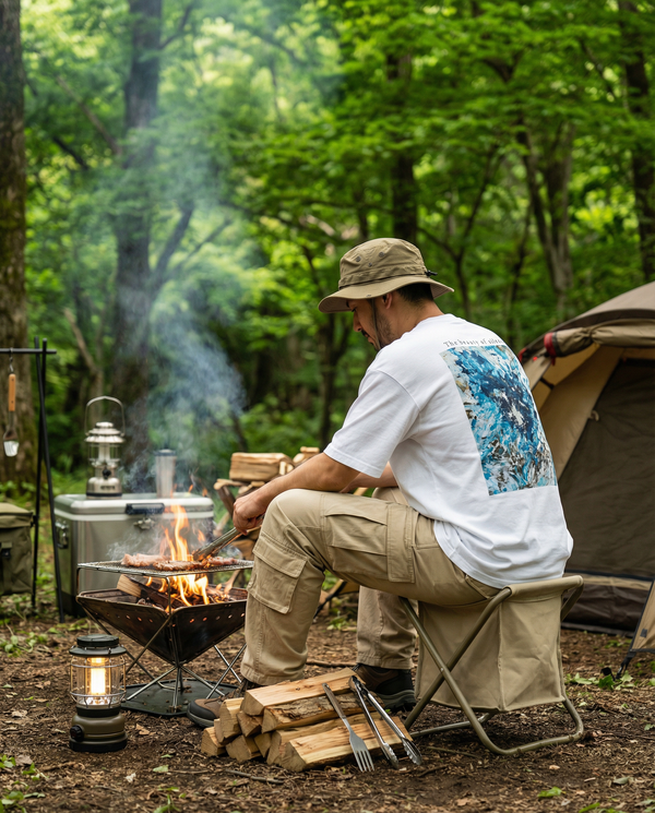 Style Sample01  Oversized T-shirt × Beige cargo pants  オーバーサイズTシャツに サイドポケットのベージュカーゴパンツを合わせた アウトドアスタイル。  キャンプや焚き火の時間にも 自然に馴染むリラックスコーデ。  自然の中でも、 日常にアートを。  保存してコーデの参考に ↗