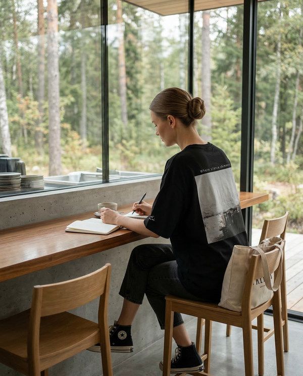 Style Sample02  Oversized T-shirt × Short denim  ゆったりしたTシャツを ラフに着るスタイル。  カフェや休日に合う リラックスコーデ。  日常にアートを。 保存してコーデの参考に ↗